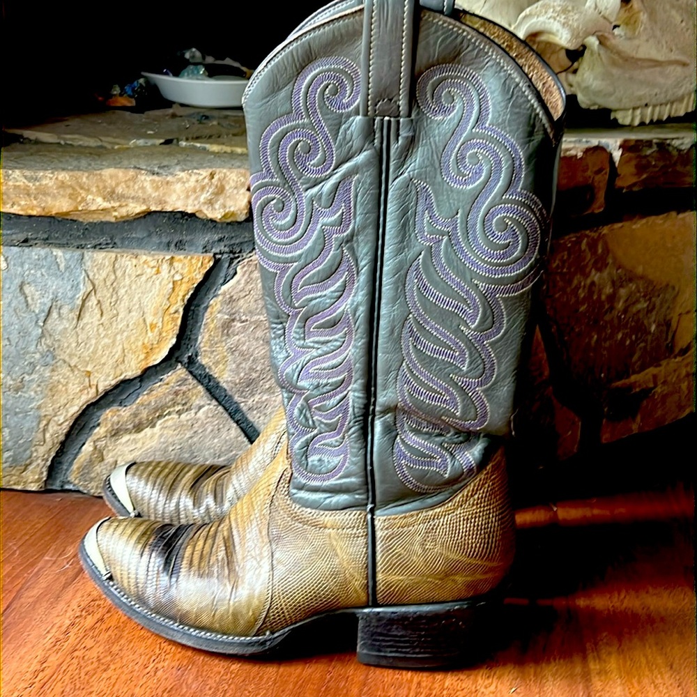 Cowboy boots- these are unique in color. Python with purple stitching.
